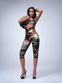 Y2Kool BiGraphic Women's Black Sexy Streetwear With Dragon And Lotus Print In New Chinese Style Jumpsuit Bodycon Jumpsuit Sexy Jumpsuits For Woman - Black - View 6