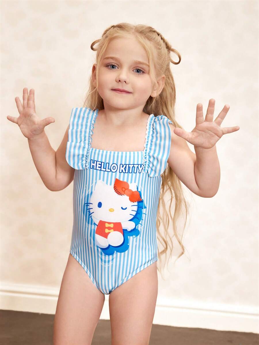 HELLO KITTY AND FRIENDS | SHEIN 女童条纹卡通图案方领连体泳衣 - 藍色 - 查看 1