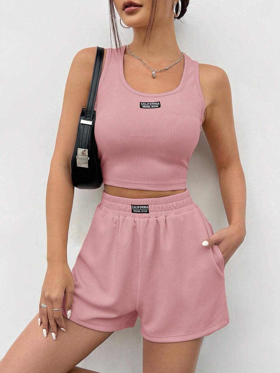 SHEIN EZwear 女款粉色針織無袖休閒運動背心套裝,夏季兩件式短褲套裝,舒適羅紋短褲套裝 - 粉色 - View 1