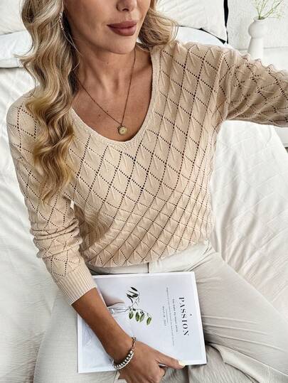 Louniche Women's Loose Casual Diamond Jacquard Textured Long Sleeve Sweater, Solid Color, Spring/Summer