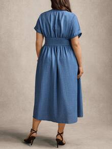 Zelara 大码腰带纯色短袖连衣裙 - 藍色 - 查看 2