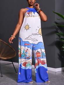 Veslaya Bộ jumpsuit ống rộng không tay in họa tiết hình học cỡ lớn Slayr, phong cách thường ngày cho kỳ nghỉ. - Màu xanh lam - Xem 17