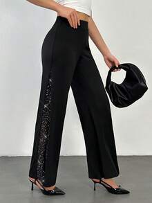 SHEIN Tall Ladies Elegant Mesh & Glitter Splice Black Slim Straight Leg Pants, Fit For Commuting, Casual And Daily Wear, Spring/Summer - Black - View 8