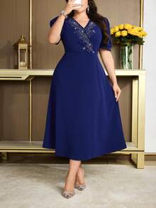 Modelyn Plus Size V-Neck Short Sleeve Rhinestone Embellished Dress - Blue - View 8