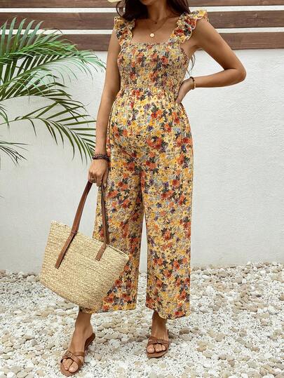 Boho Mama Blommig lös jumpsuit för gravida för semestern