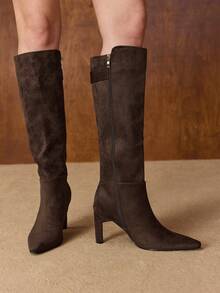 MOTF PREMIUM LADIES FASHION SOLID COLOR RHINESTONE DECORATED POINTED TOE KNEE-HIGH BOOTS, FOR NEW YEAR HOLIDAY VALENTINE'S DAY - Coffee Brown - View 5