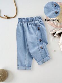 LMoss Kids 女婴花卉刺绣宽松锥形卡其色牛仔裤 - 淺色水洗藍 - 查看 1