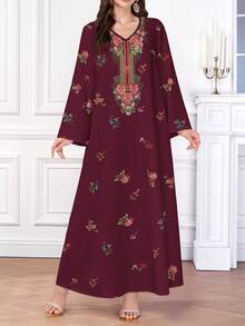 Al Najma 女士优雅定位印花阿拉伯风格 V 领长袖连衣裙 - 酒紅色 - 查看 4