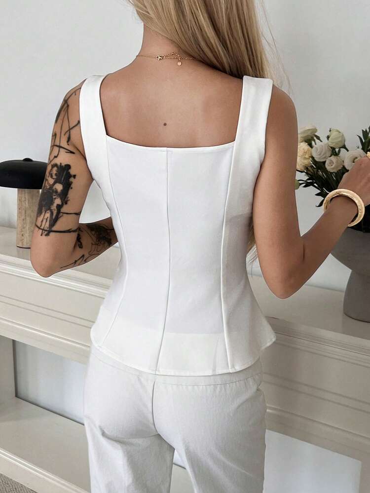 Elegant Commuter Casual Square Neck Cinched Waist White Women Tank Top Babydoll Top
