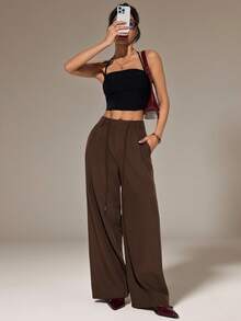 SHEIN PETITE Women's Solid Color High Waist Pockets Wide Leg Loose Pants, Suitable For Spring/Summer, Daily Wear, Commuting - Coffee Brown - View 8