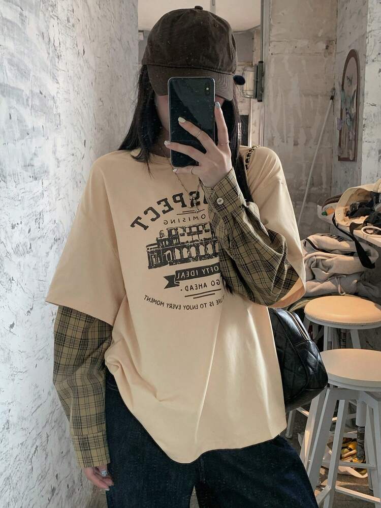 Women's Crew Neck Contrast Color Block Print Loose Pullover Casual T-Shirt Oversized Graphic Tees Women