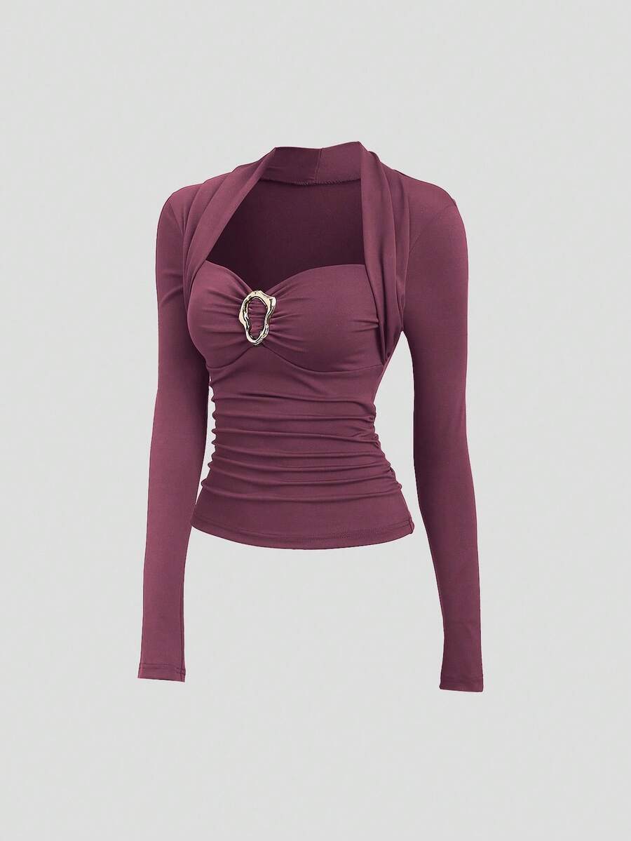 Sweetra Nova blusa feminina de outono com detalhes em metal, botões vazados, modelo sexy e ajustado, de manga comprida. - Rosa Empoeirado - Ver 1