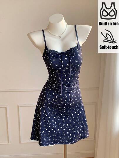 Comfortcana 女士夏季度假碎花撞色蕾丝吊带裙