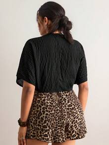 Freevana Plus Size Solid Color Casual Tie-Up Shirt, Summer Tops - Black - View 2