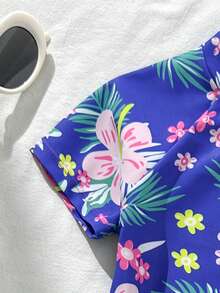 SHEIN Young Girl Plant Print Short Sleeve Swimwear Set, Casual Fitted For Swimming And Vacation Rash Guard 2 Pieces Pink Blue Bathing Suit Two Suits Girls - Multicolor - View 5