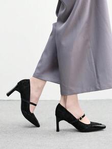 CUCCOO BIZCHIC 女士鞋 春秋新款 小方头高跟粗跟 黑色拼接豹纹 简约通勤百搭女鞋 轻便舒适 上班购物必备 低帮女鞋 - 豹紋配色黑 - 查看 4
