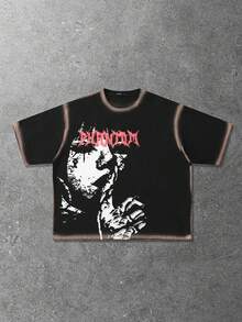 Street Life 男士手工喷绘宽松短袖落肩T恤 - 黑色 - 查看 6