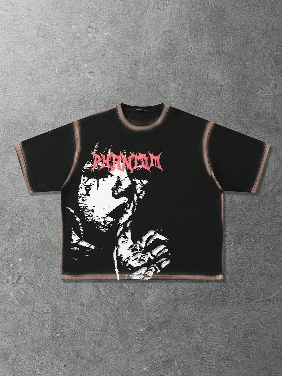 Street Life 男士手工喷绘宽松短袖落肩T恤 - 黑色 - 查看 1