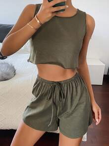 DAZY Bộ đồ ngủ nữ đơn giản, màu trơn, gồm áo croptop và quần short dệt kim, thích hợp cho mùa hè. - màu xanh lá - Xem 9