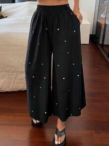 DAZY Heart Print Wide Leg Capri Pajama Pants For Women - Black - View 6