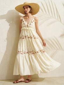 Airaco Embroidered Print V-Neck Sleeveless Backless Dress - Multicolor - View 1