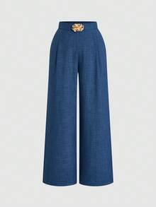 SHEIN Unity Plus Size Women's Elegant Dark Blue,Autumn,Smart Casual,Office Pants,Denim-Effect Linen Fabric,Metal Buckle Decor,High Waisted Pleated Wide Leg Design - Blue - View 10