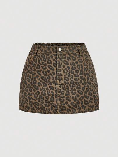 SHEIN MOD Plus Size Women Casual Chic Street Fashion Leopard Print Denim Mini Skirt, Suitable For Daily Commute