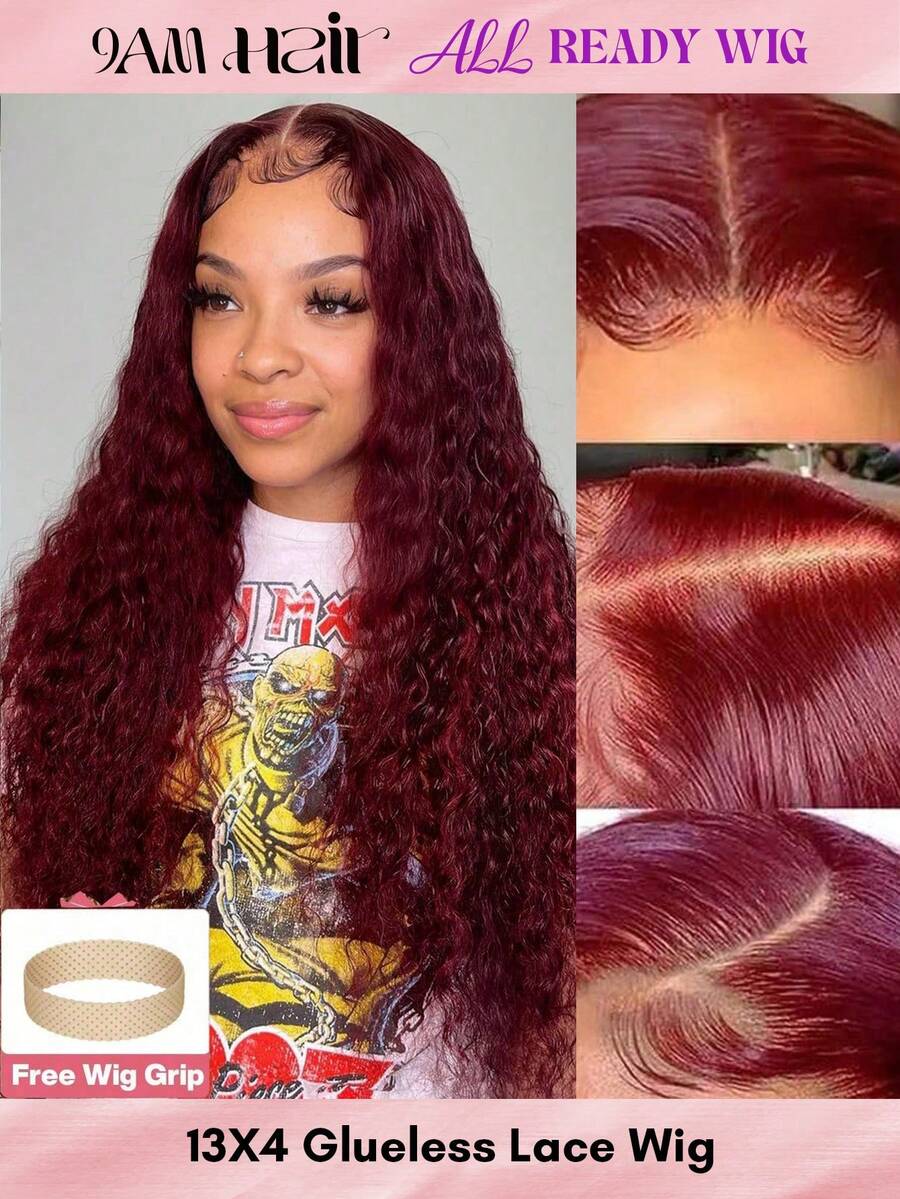 ALL READY WIG 无胶勃艮第蕾丝前假发 女士真人发假发 99J 深波浪假发 180% 密度湿发和波浪红色卷发真人发假发 预拔 13x4 透明蕾丝前假发 - S99J - 查看 1