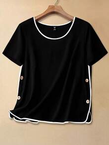 EMERY ROSE Plus Size Contrast Color Trim Short Sleeve Casual Shirt, Summer - Black and White - View 1