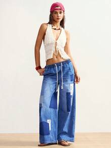 Bohemela Women's Contrast Color Ripped Pocket Drawstring Waist Jeans - Medium Wash - View 5