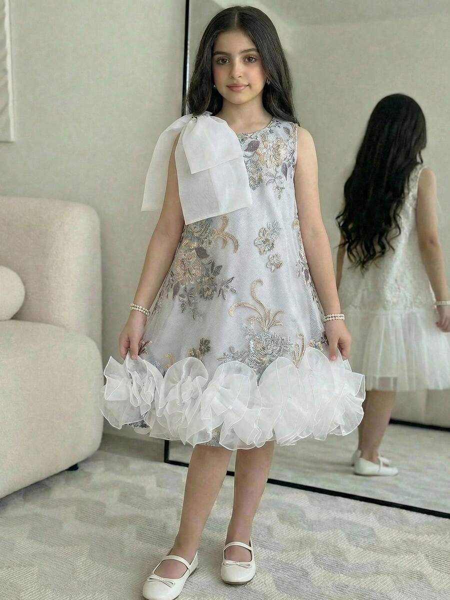 SHEIN Vestido sin mangas con volantes en el bajo para niña preadolescente, elegante y de moda - Blanco - Ver 1
