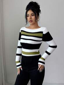 SHEIN Elenzya Élégant pull tricoté slim à manches longues et épaules dénudées pour femmes, multicolore. Convient pour le travail, l'automne/l'hiver - Vert - Voir 5