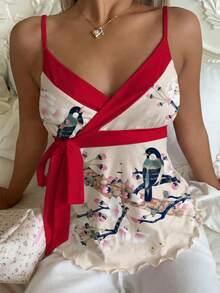 CovetEZ 女士中国风印花修身蝴蝶结系带吊带背心，新年中国风上衣，中国风蝴蝶结系带吊带女士吊带背心，夏季派对上衣，女士夏季服装，女士夏季上衣，女士夏季上衣，漂亮上衣 - 彩色 - 查看 6