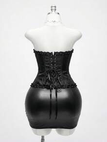 SHEIN EZwear 大码女式提花前扣荷叶边蝴蝶结装饰时尚抹胸上衣 - 黑色 - 查看 2