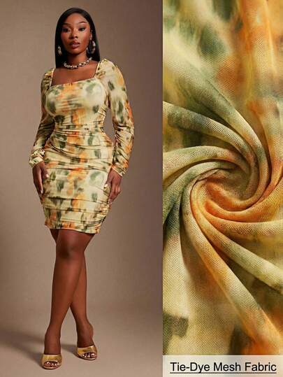 SHEIN SXY Plus Size Women Casual Pale Yellow Shading Of Floral Pattern Tie-Dye Print Square Neck Long Sleeve Ruched Fitted Fashion Dress,Suitable For Casual Outings, Dates, Gatherings, Parties, Nightclubs, Holidays,Valentine's Day