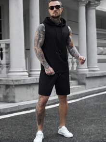 Manfinity CasualCool Mature Casual Split Pocket Shorts Tank Top Set - Black - View 5