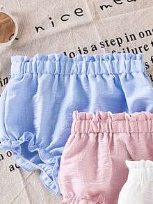 SHEIN Vintaside Kids 3件套女婴夏季柔和色彩套装，米色、白色、粉色短裤套装，简约风格，宽松版型，适合户外玩耍、居家舒适穿着，也适合各种派对场合。 - 彩色 - 查看 4