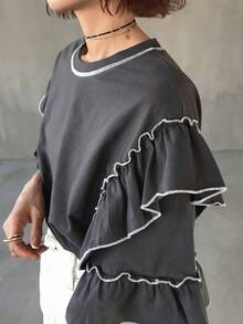 FRIFUL Women's Contrast Color Layered Pleated Ruffle Hem Loose Casual Versatile T-Shirt, Spring/Summer - Dark Grey - View 8