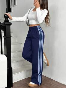 SHEIN EZwear Women Black Side Contrast White Tape Elastic Waist Pants Striped Pants Navy Pants Track Pants Drawstring Pants Wide Pants - Royal Blue - View 5