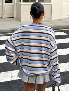 Muchica 女士休闲落肩条纹针织T恤 - 藍色 - 查看 2