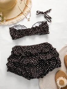 Swim Mod Women's New Polka Dot Print Spaghetti Strap Top And Ruched Floral Bottoms Sexy Swimwear Set - Multicolor - View 8