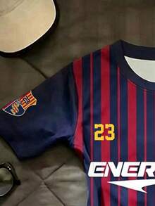 SHEIN EZwear 运动风撞色条纹字母印花圆领修身短袖T恤 - 彩色 - 查看 3