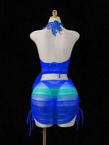 Swim SXY 4件套女士新款吊带露背上衣、侧系带衬衫、侧系带泳裤和侧系带迷你裙性感比基尼套装，夏季 - 藍色 - 查看 4