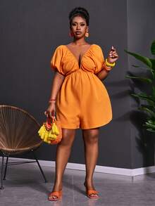 Slaydiva New Early Spring, Spring And Summer Music Festival, Valentine's Day, Easter, Bohemian Style, Nomadic Style, Casual And Simple Basic Style, Cruise Party, Birthday Party, Daily Date, Casual Vacation, Elegant Commuting, Deep V-Neck, Cover Sleeve, Loose Fit, Shorts, Orange Pants, Women's Jumpsuit -A - Orange - View 5