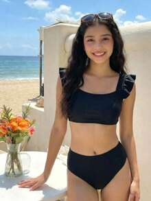 SHEIN Teen Girls' Black Cap Sleeve Simple Beach Vacation Swimsuit 2 Pieces Set, Spring/Summer - Black - View 3