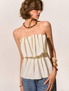 Poéselle Women's Elegant Pleated Strapless Top, Suitable For Summer Vacation And Dates - White - View 1