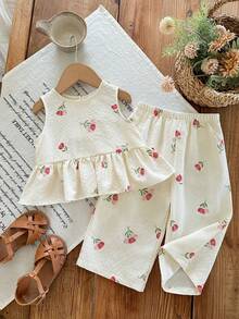 SHEIN 女婴可爱休闲度假杏色碎花印花吊带背心和松紧腰裤套装 - 彩色 - 查看 2