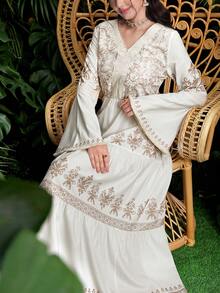 Al Najma 中东风情喇叭袖蕾丝流苏系带V领镂空度假睡袍 - 白色 - 查看 1
