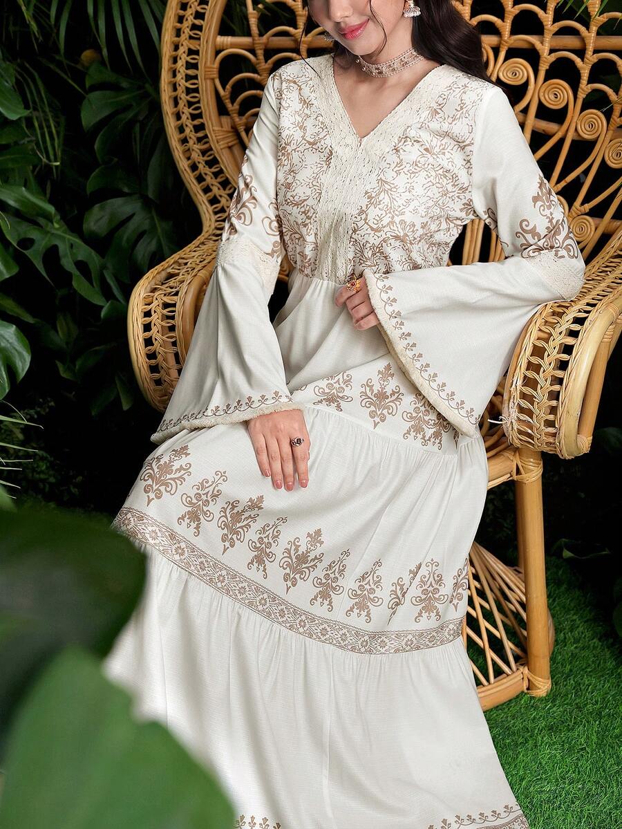 Al Najma 中东风情喇叭袖蕾丝流苏系带V领镂空度假睡袍 - 白色 - 查看 1