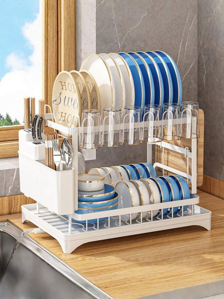 2-Tier Dish Drying Rack With Draining Board, Kitchen Utensil Organizer Rack For Cutlery, Knives And Cutting Boards, Suitable For Apartment Kitchen - White - View 1